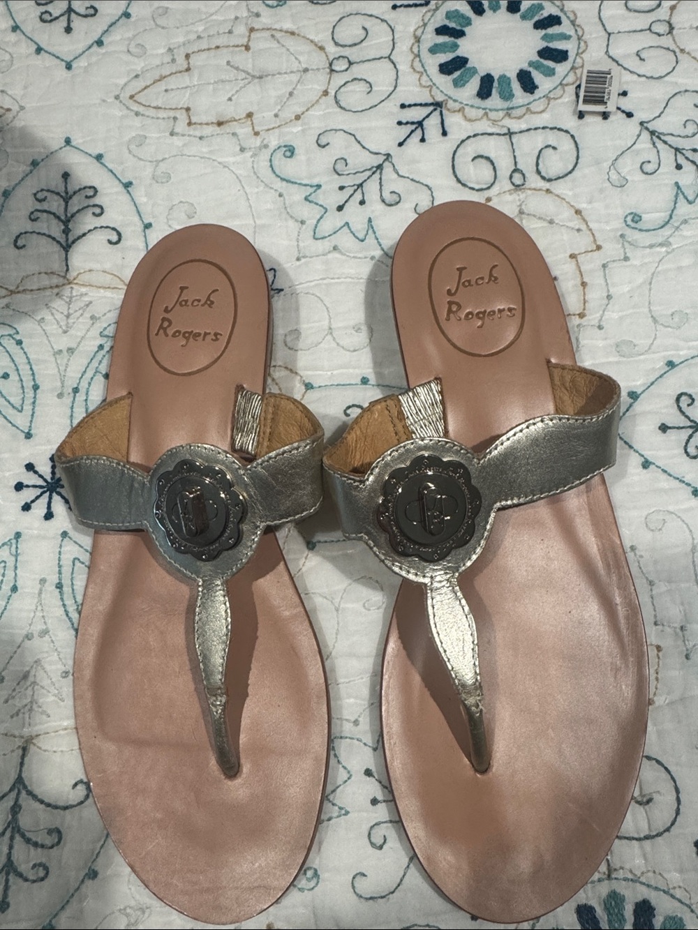 Jack Rogers Silver Metallic Thong Sandals with Signature Medallion